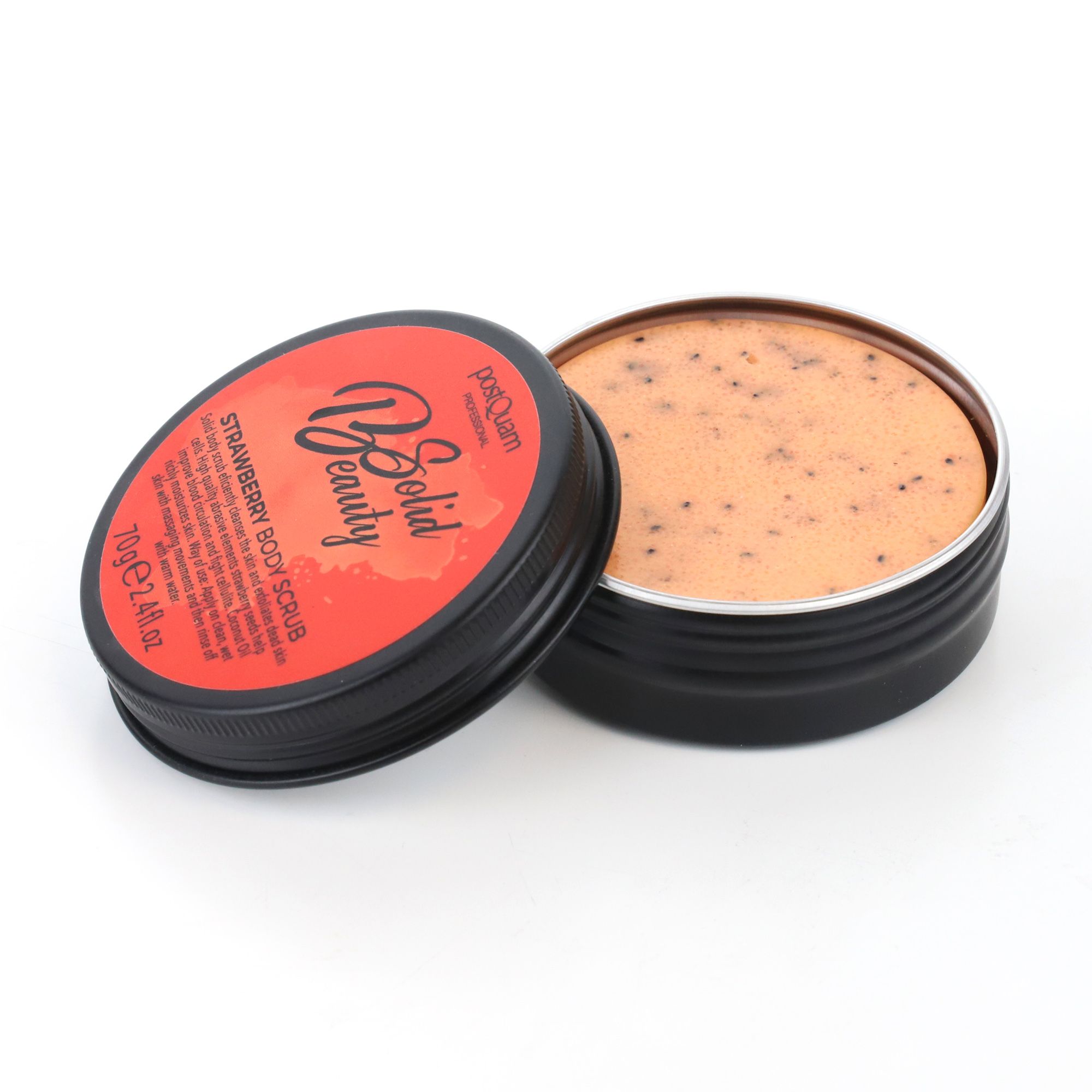 Boîte ronde de gommage corporel à la fraise. Couvercle à côté. Bord noir, couvercle rouge avec texte.