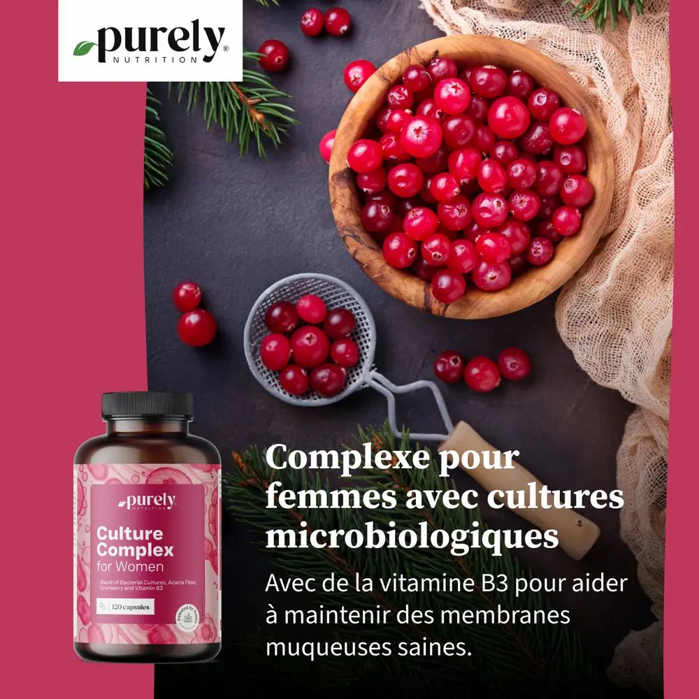 Flacon avec étiquette produit, canneberges dans bol et passoire. Texte: Complexe pour femmes avec cultures.