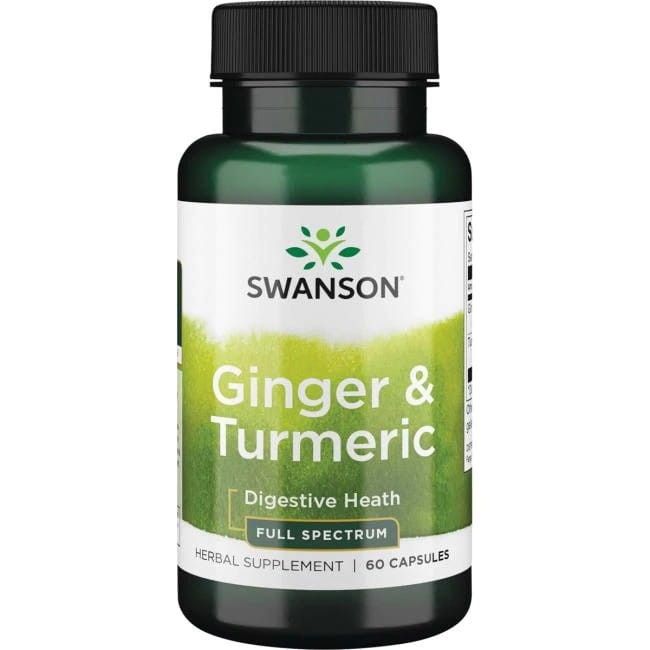 Groene fles met zwarte dop. Opschrift: SWANSON Ginger & Turmeric, 60 capsules. Volledig spectrum.