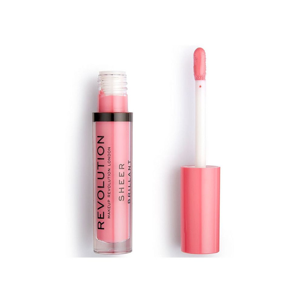 Flacon de gloss ouvert avec applicateur. Gloss rose, tige blanche, manche rose. Inscription: REVOLUTION SHEER BRILLANT.