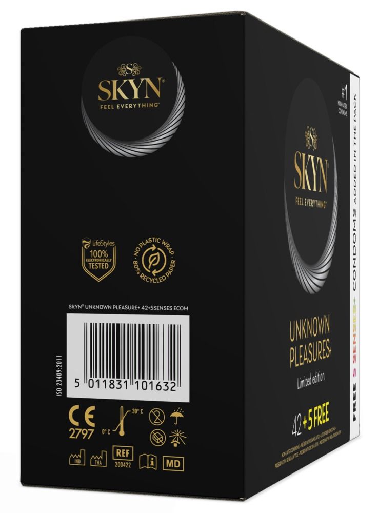 Zwarte verpakking. SKYN-logo. Opschrift: Unknown Pleasures, Limited Edition, 42+5 GRATIS. 100% getest. CE-markering.
