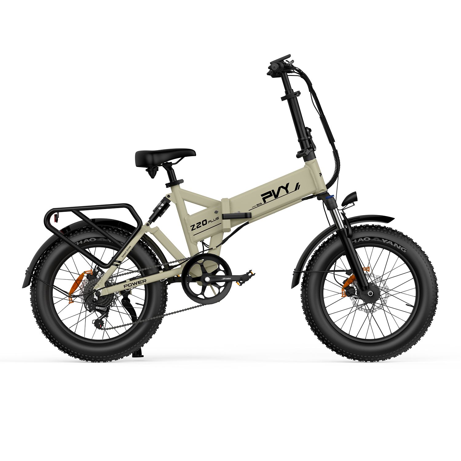 Beige elektrische fiets met zwarte banden en bagagedrager. PVY Z20 Plus is zichtbaar op het frame.