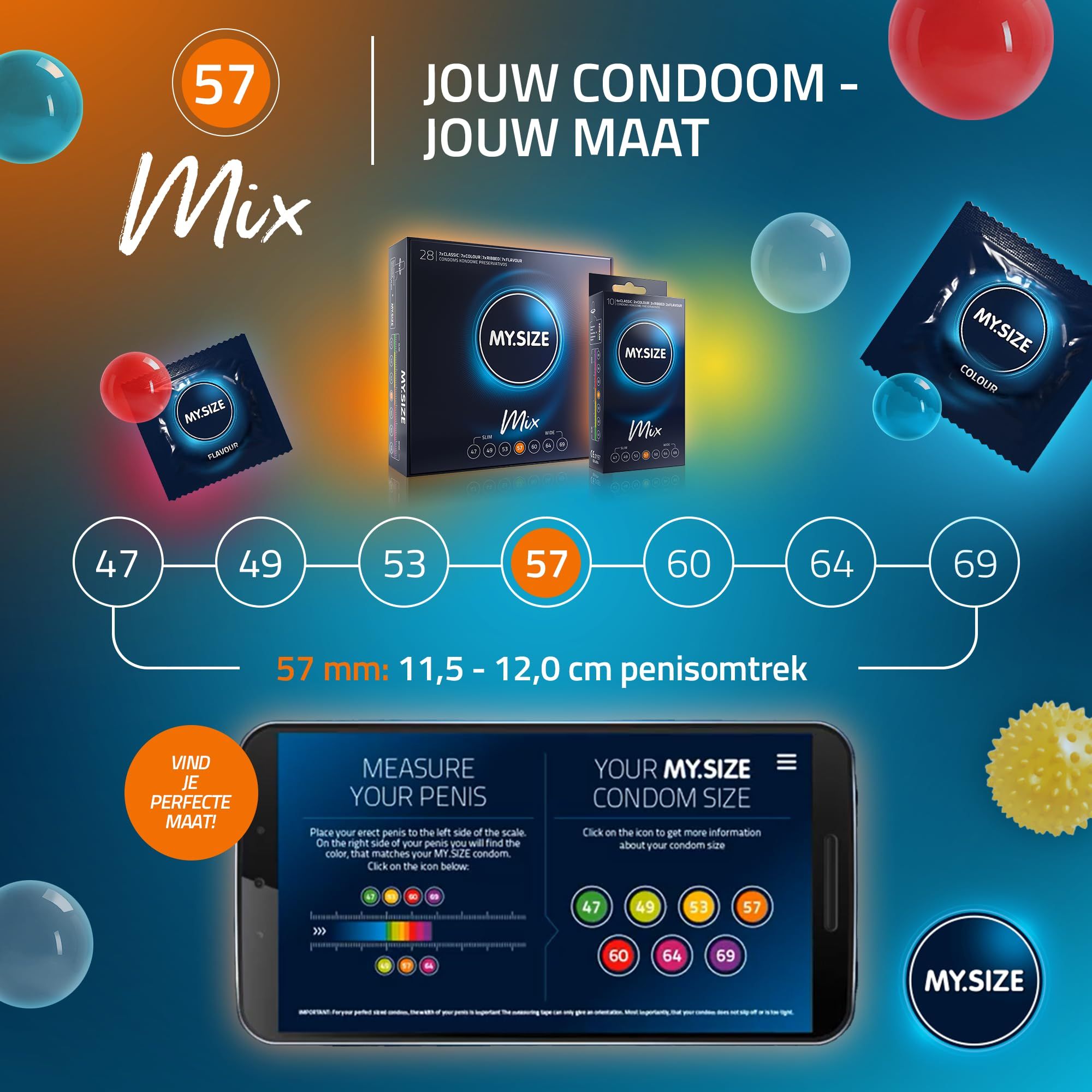 MY.SIZE condoom, maat 57mm. Zeer dun, van natuurlijk latex, 0,07mm dik. CE-gecertificeerd, vegan, dierproefvrij.
