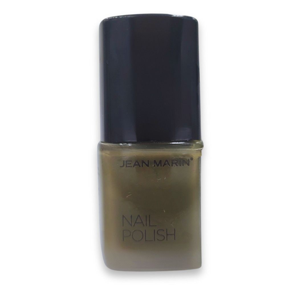 Flacon de vernis à ongles vert foncé avec bouchon noir. Inscription "JEAN MARIN" et "NAGEL POLISH".