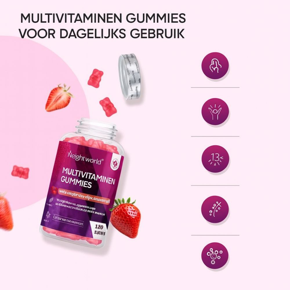 Flesje gummies, aardbeien en iconen. Voor dagelijks gebruik. 120 stuks. 13 vitaminen en mineralen.