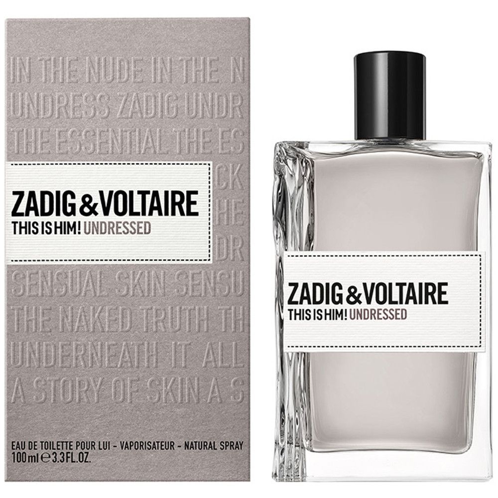 Zadig & Voltaire This Is Him! Undressed Eau de Toilette. Rechthoekige glazen fles met zwarte dop en wit etiket.