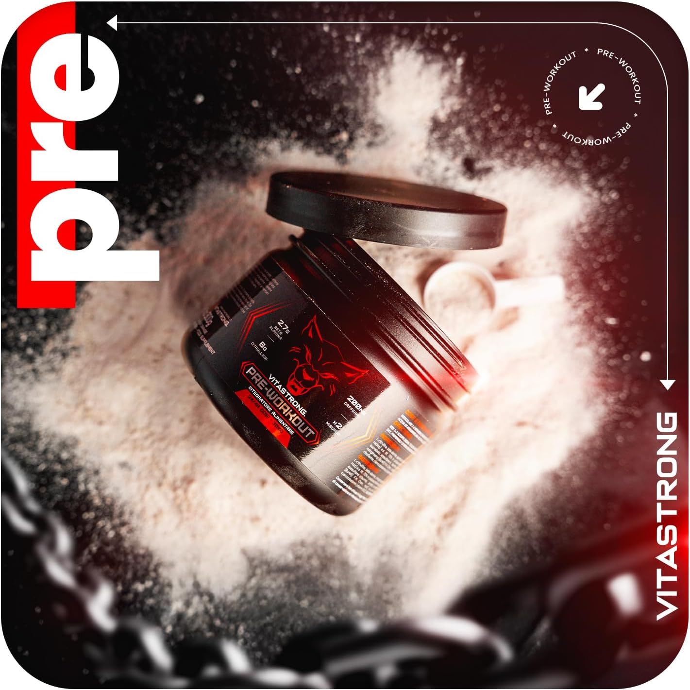 Zwarte pot Pre-Workout, rood etiket. Pot in poeder. Bevat 2,7g bèta-alanine, 6g citrulline, 200mg cafeïne.