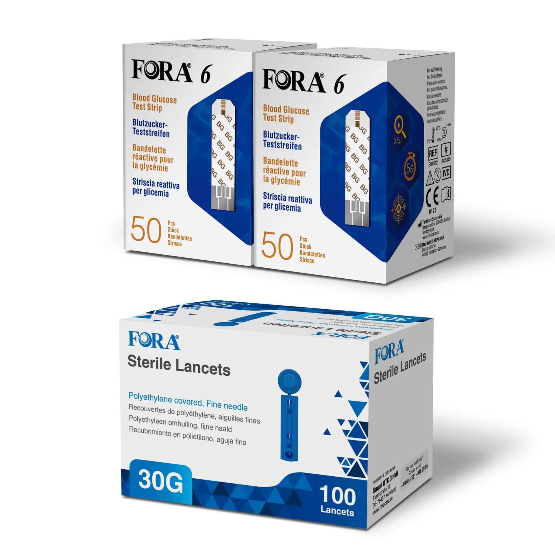FORA 6 Bandelettes (50 pcs) et FORA Lancettes stériles (100 pcs).