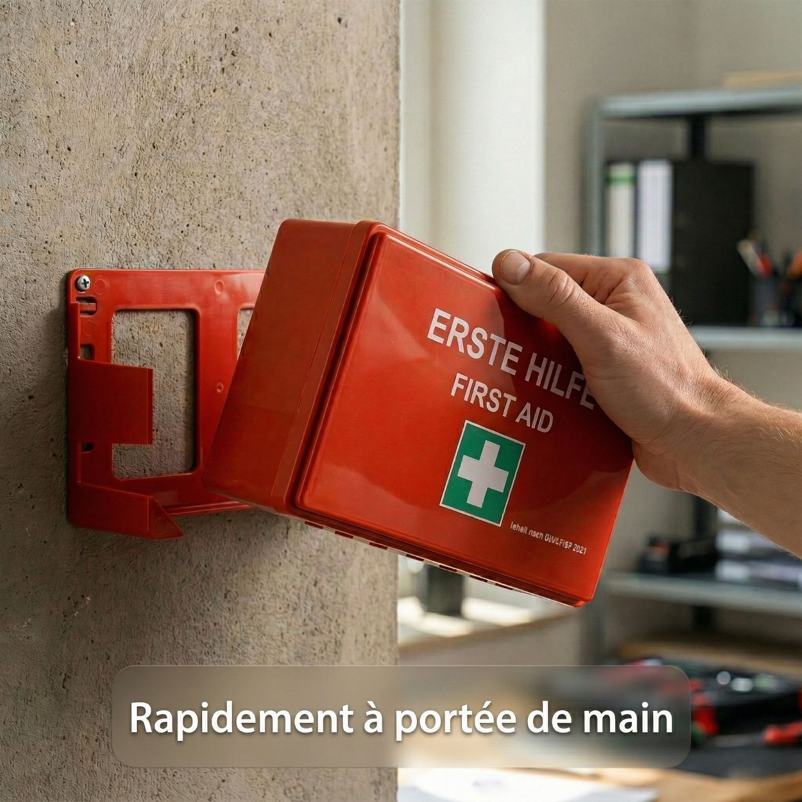 Trousse de premiers secours rouge sur support mural. Inscription: Erste Hilfe/First Aid. Croix verte. Rapidement à portée.