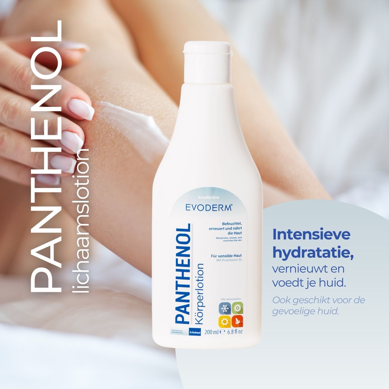 EVODERM Panthenol lichaamslotion. Witte fles. Tekst: Panthenol lichaamslotion. Voor gevoelige huid. 200 ml.