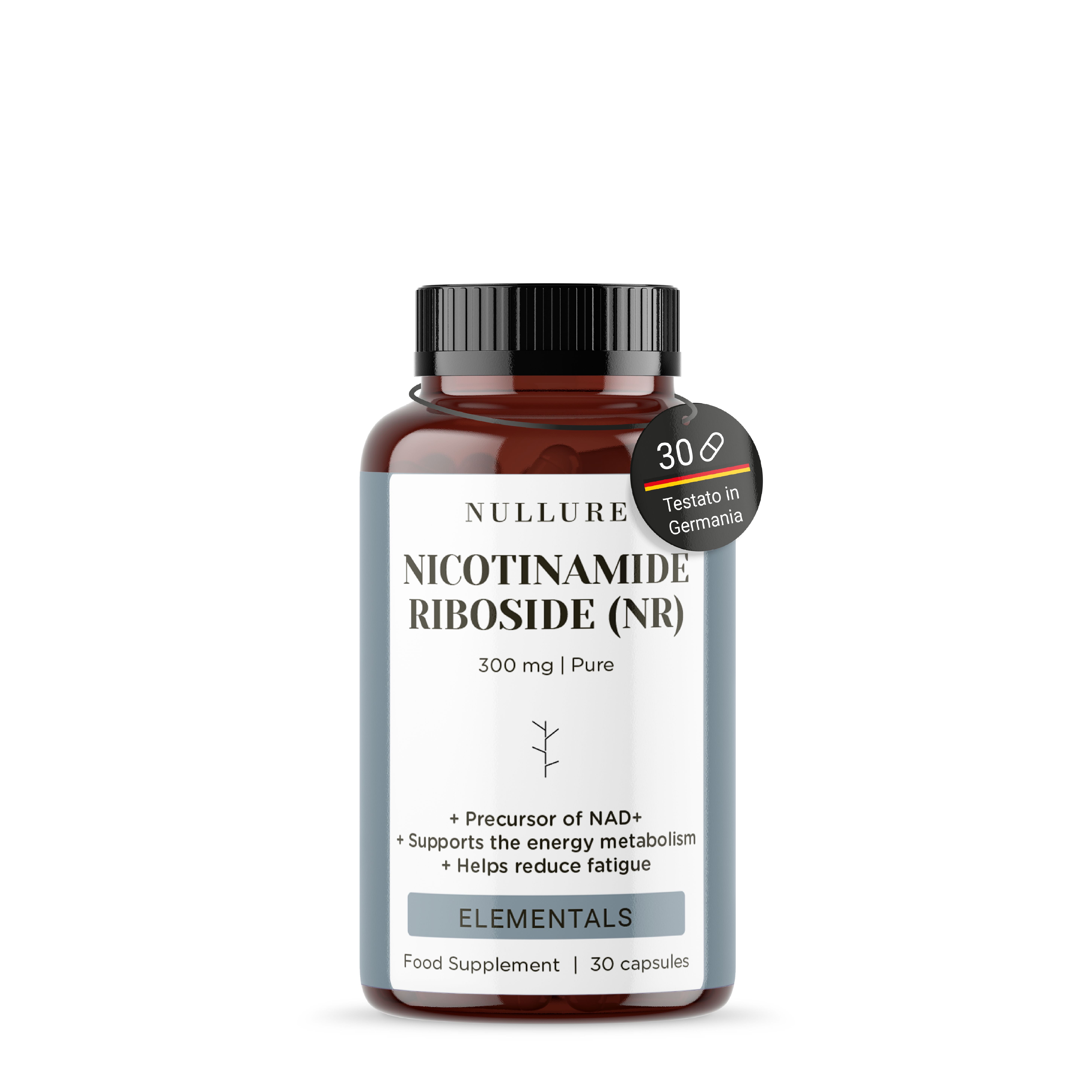 Nullure Nicotinamide Riboside capsulefles met 30 capsules en 'Testato in Germania' zegel.