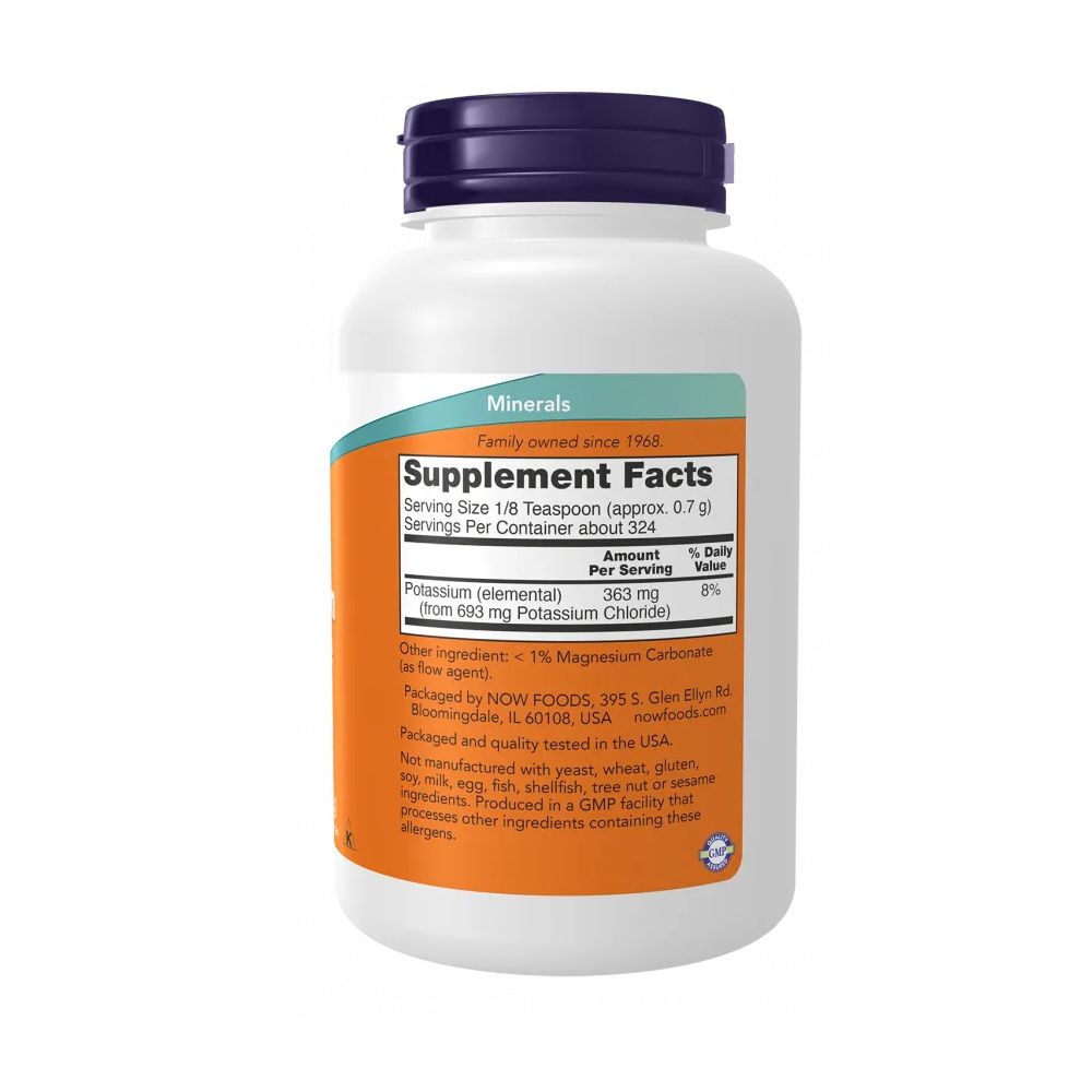 Dos du flacon blanc. Étiquette avec informations nutritionnelles, ingrédients et fabricant. Contient du chlorure de potassium.