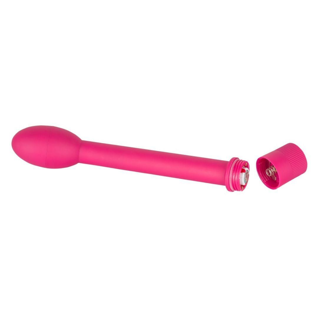 Vibrateur rose démonté. Tête ovale, tige et base avec compartiment à piles.