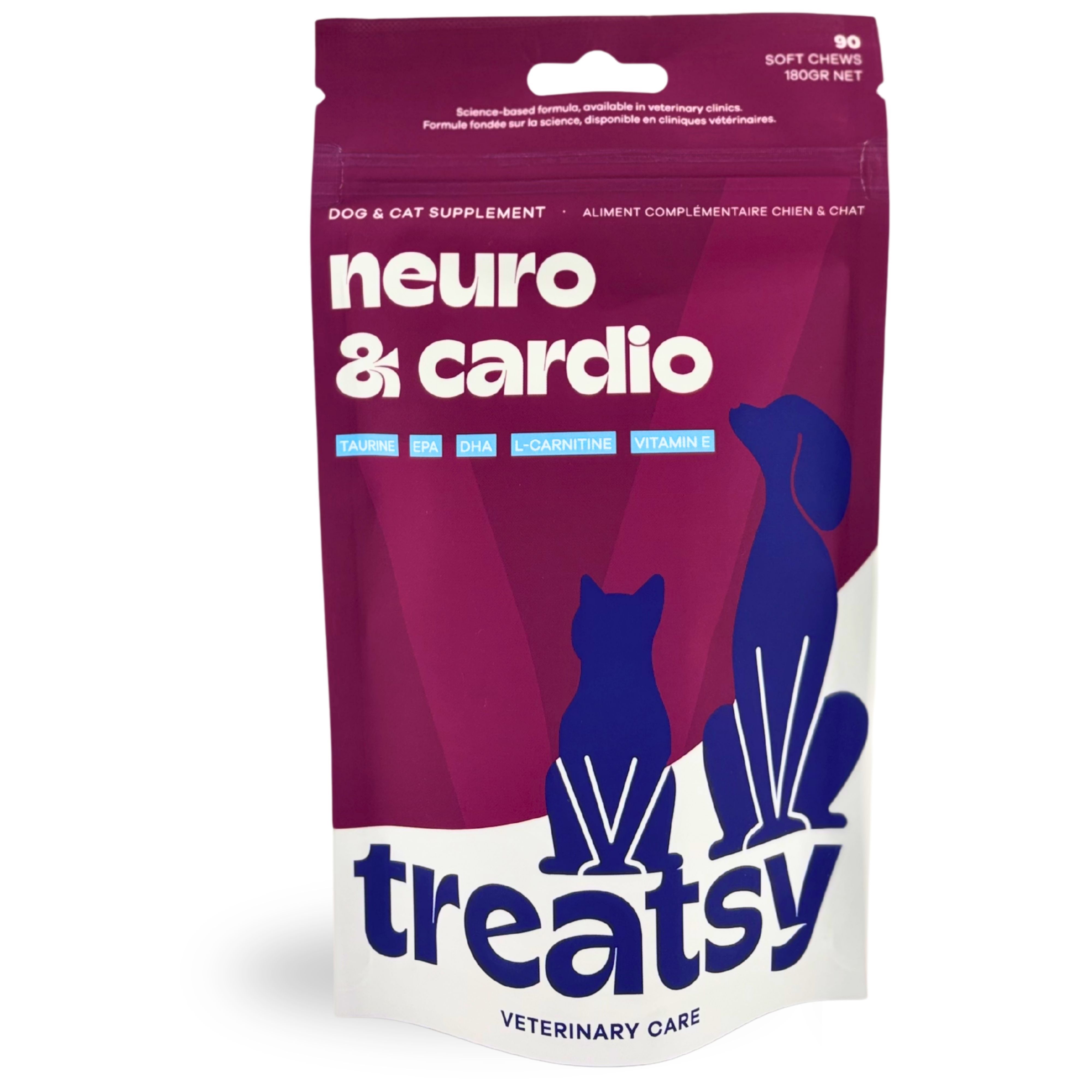 Sachet avec inscription Neuro & Cardio. Marque : Treatsy. Pour chiens et chats. Texte : Dog & Cat Supplement.