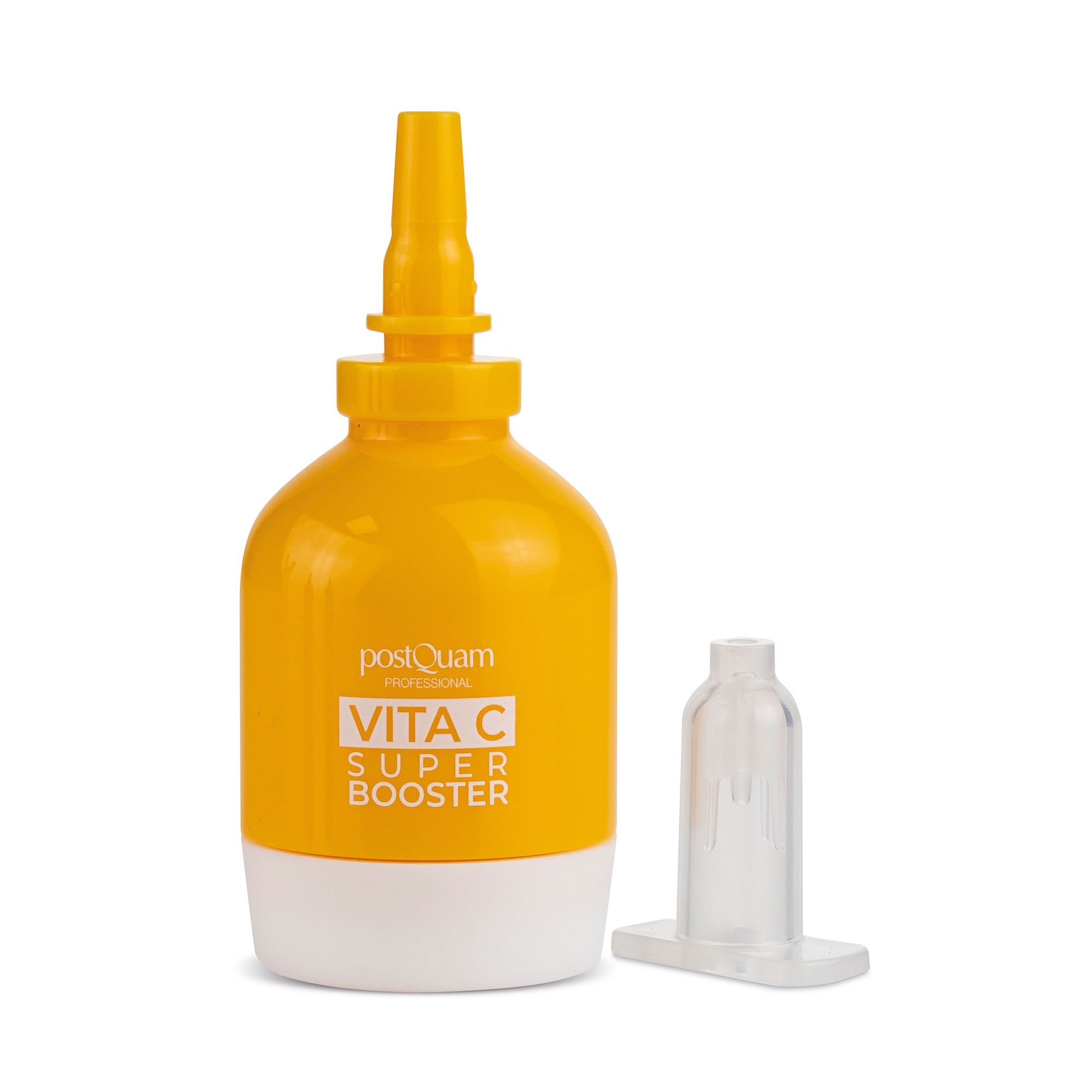 Gele fles met witte bodem. Opschrift: Postquam Vita C Super Booster. Afzonderlijke, transparante applicator.