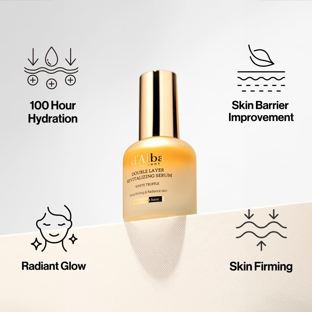 Flacon de sérum avec bouchon doré. Inscription : d'Alba, Double Layer Revitalizing Serum. Symboles : Hydratation 100 heures, barrière cutanée.