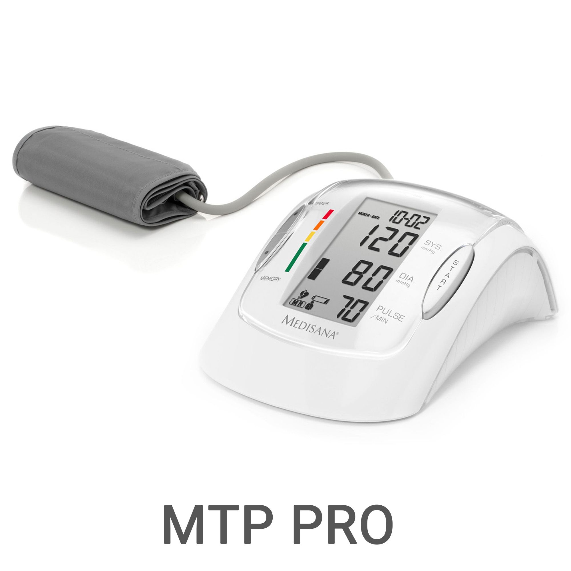 Tensiomètre de bras blanc MTP PRO avec brassard et écran numérique.