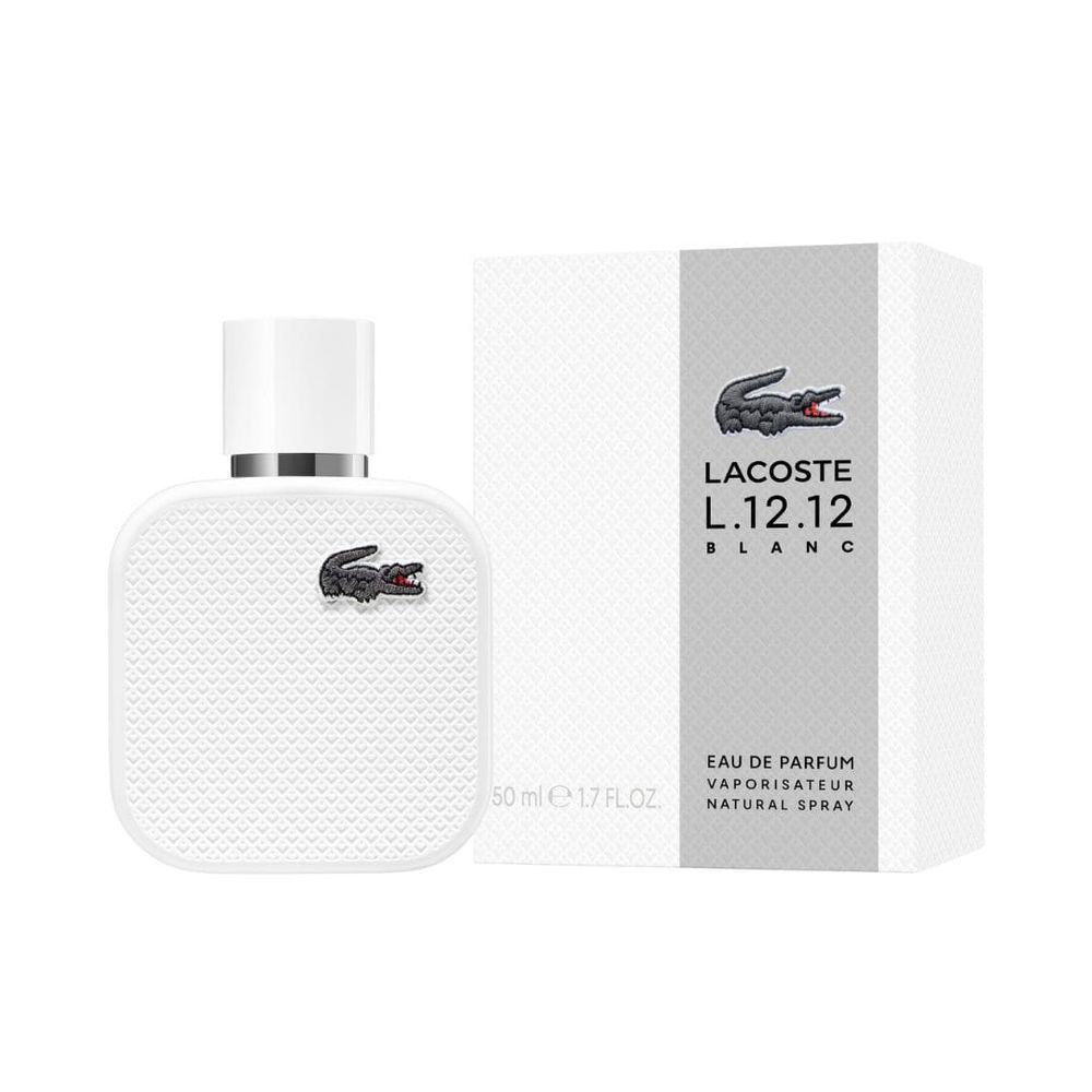Flacon blanc et boîte Lacoste L.12.12 Blanc. Logo crocodile. Vaporisateur. Parfum pour homme.