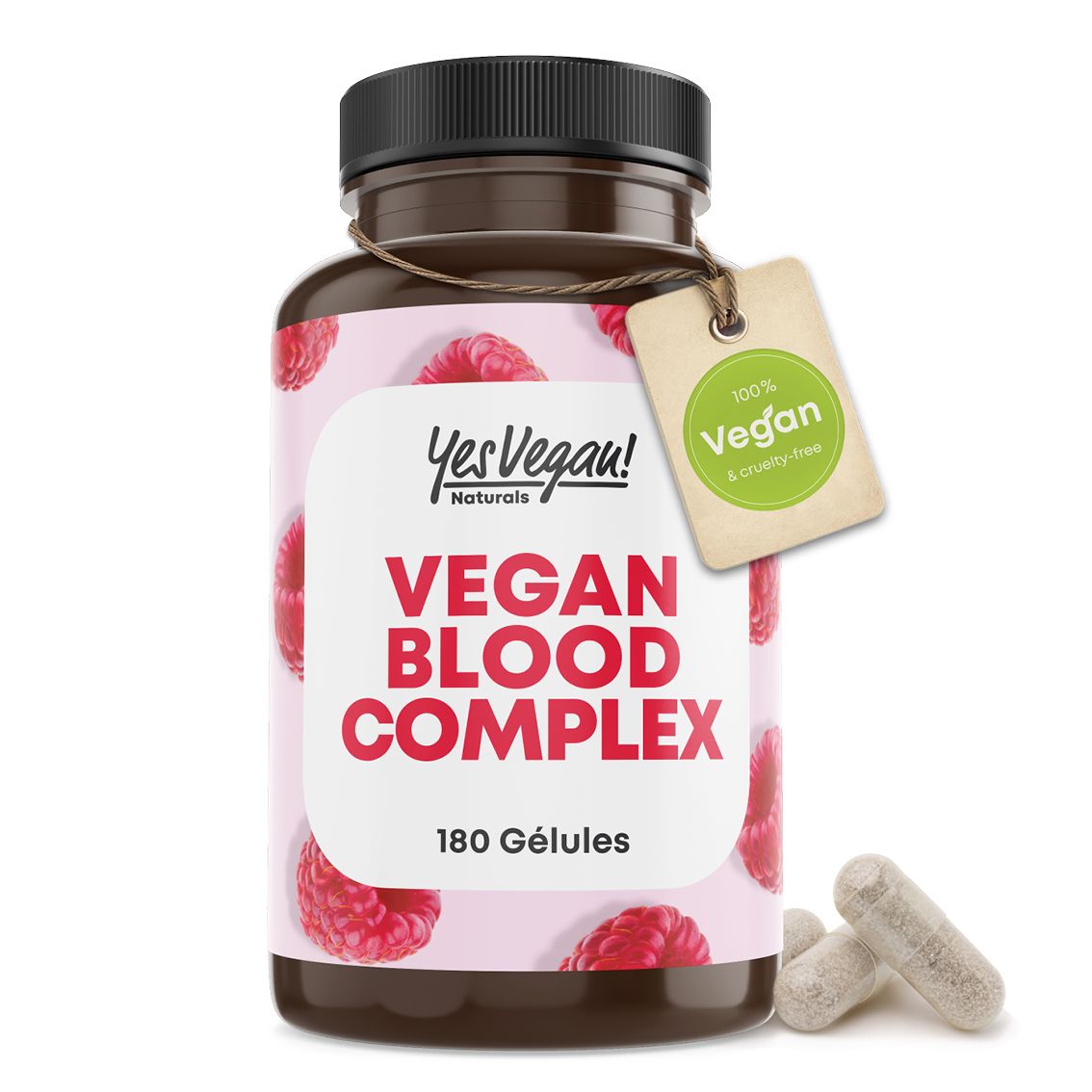 Bouteille avec motif de framboises et une étiquette "100% Vegan", avec des gélules à côté.