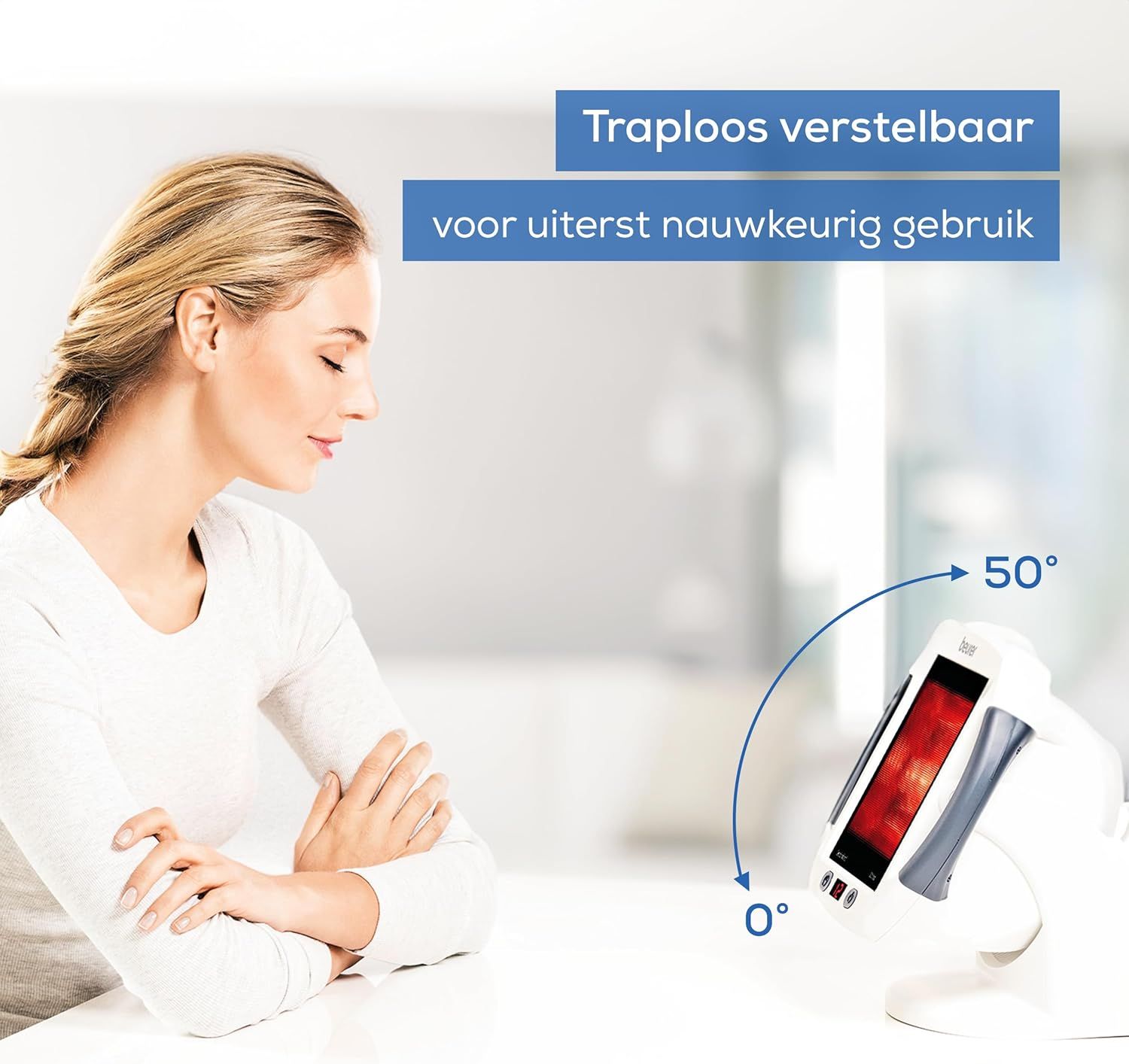Een apparaat met rood licht en een instelbare hoek van 0° tot 50°.