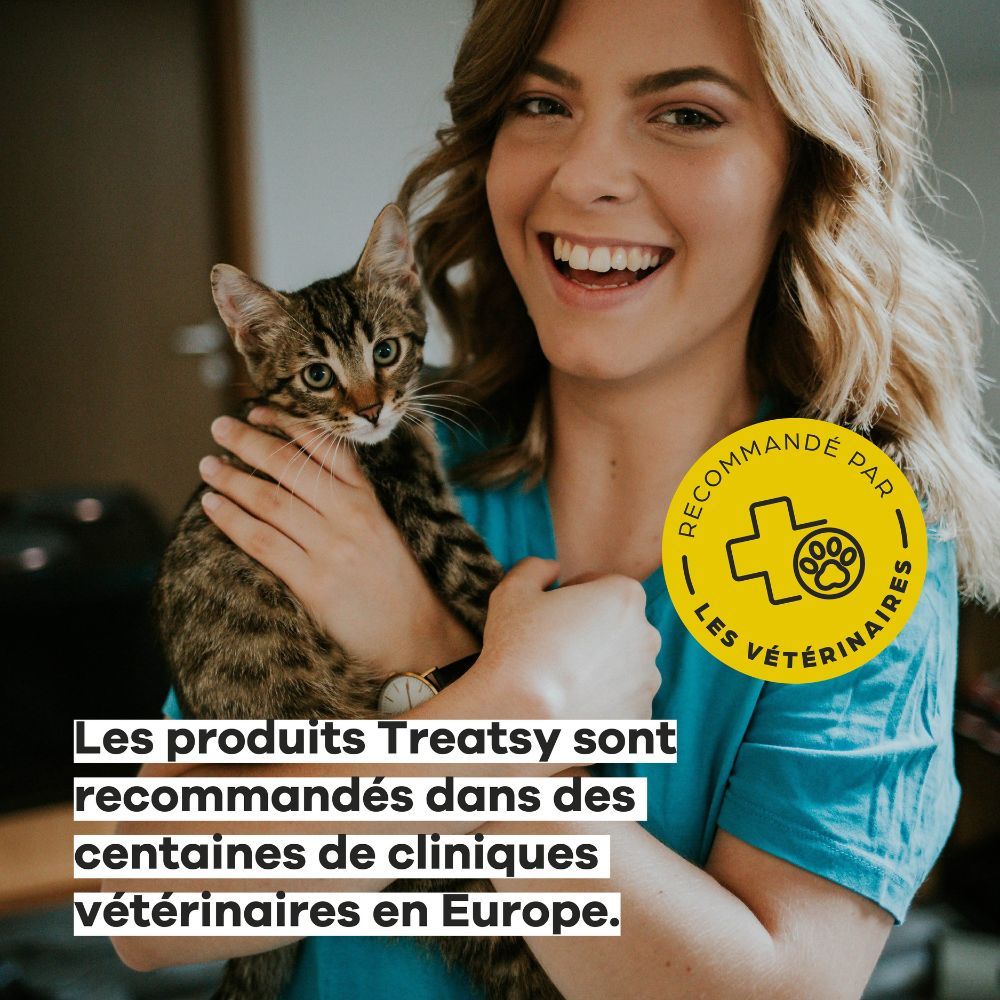 Femme avec chat. Texte: "Les produits Treatsy sont recommandés dans des centaines de cliniques vétérinaires en Europe."