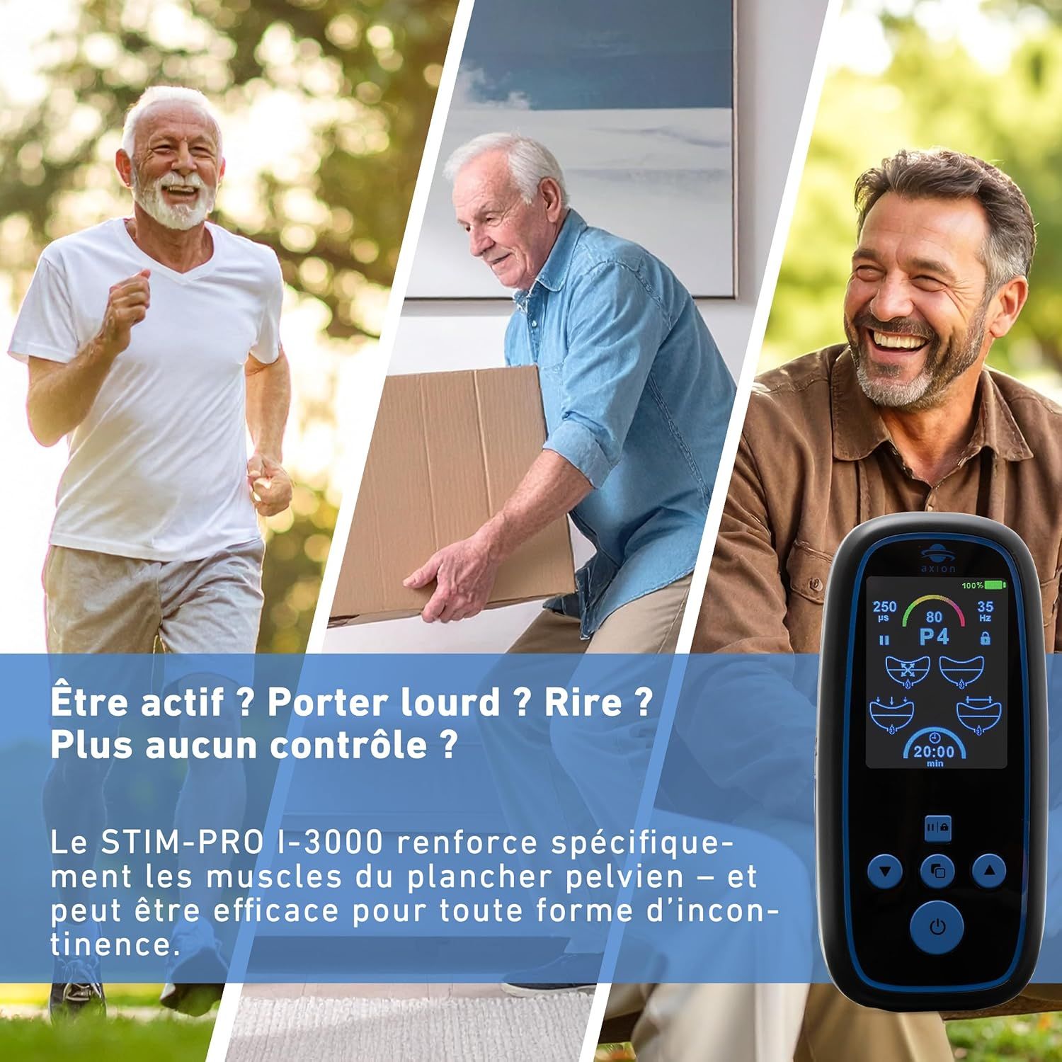 Appareil axion® I-3000. Trois personnes en mouvement. Texte sur l'incontinence.