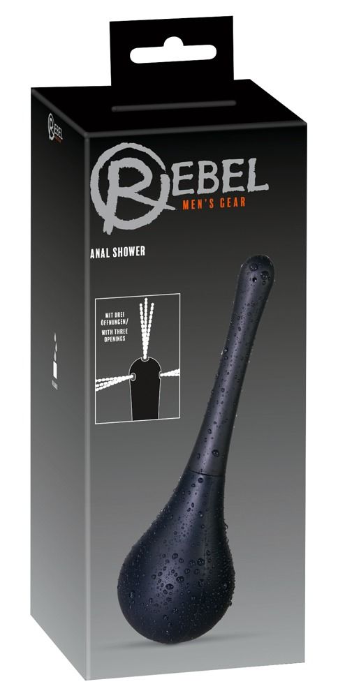 Verpakking van de Rebel anale douche met productafbeelding en instructies.