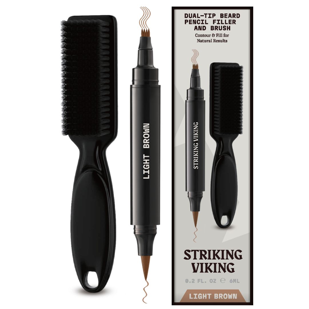 Stylo à double pointe et brosse. Stylo noir avec pointe marron clair et brosse. Emballage avec image du produit et texte.