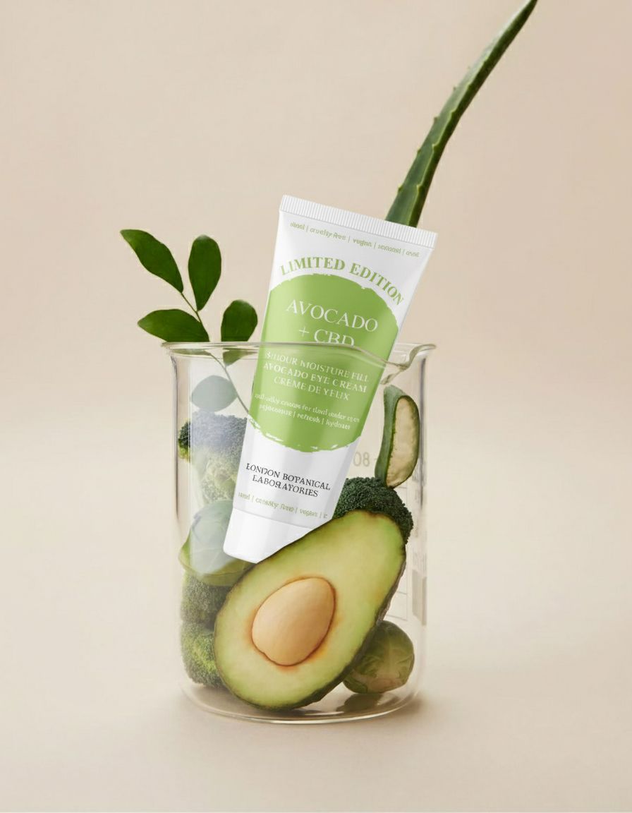 Tube met Avocado + CBD oogcrème in een bekerglas met avocado en aloë vera.