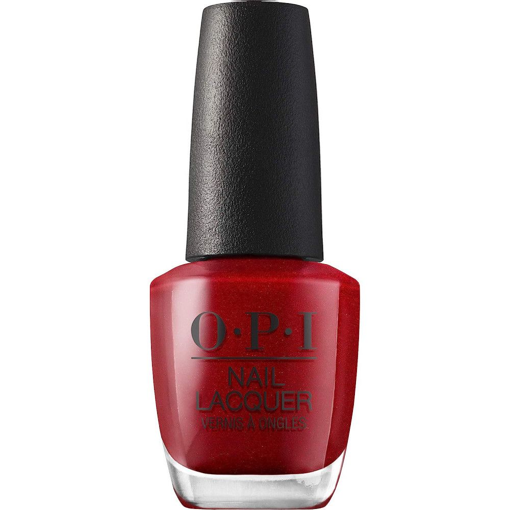 Rode OPI nagellakfles met zwarte dop. Opschrift: OPI NAIL LACQUER.