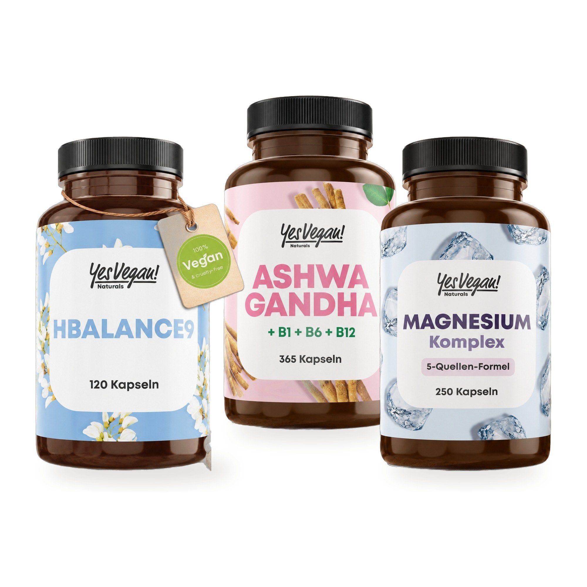Trois produits Yes Vegan!: Hbalance9 (120 gélules), Ashwagandha + B1+B6+B12 (365 gélules) et Complexe Magnésium (250 gélules).