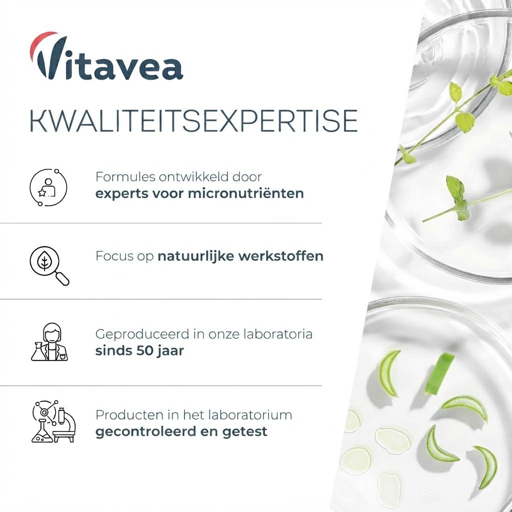 Vitavea: Formules ontwikkeld door experts, focus op natuurlijke ingrediënten, 50 jaar geproduceerd en getest in het laboratorium.