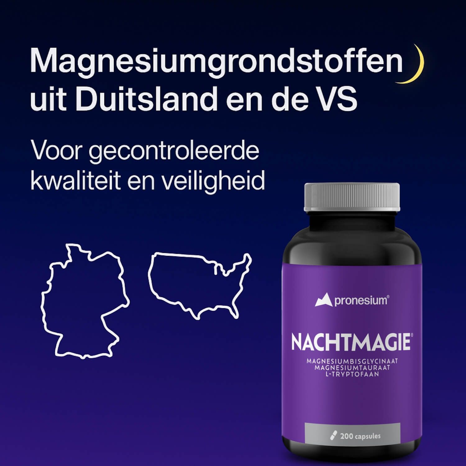 Tabel met ingrediënten per dagdosering. Tekst: Magnesium, Magnesiumbisglycinaat, Magnesiumtauraat, L-Tryptofaan. Zonder toevoegingen.