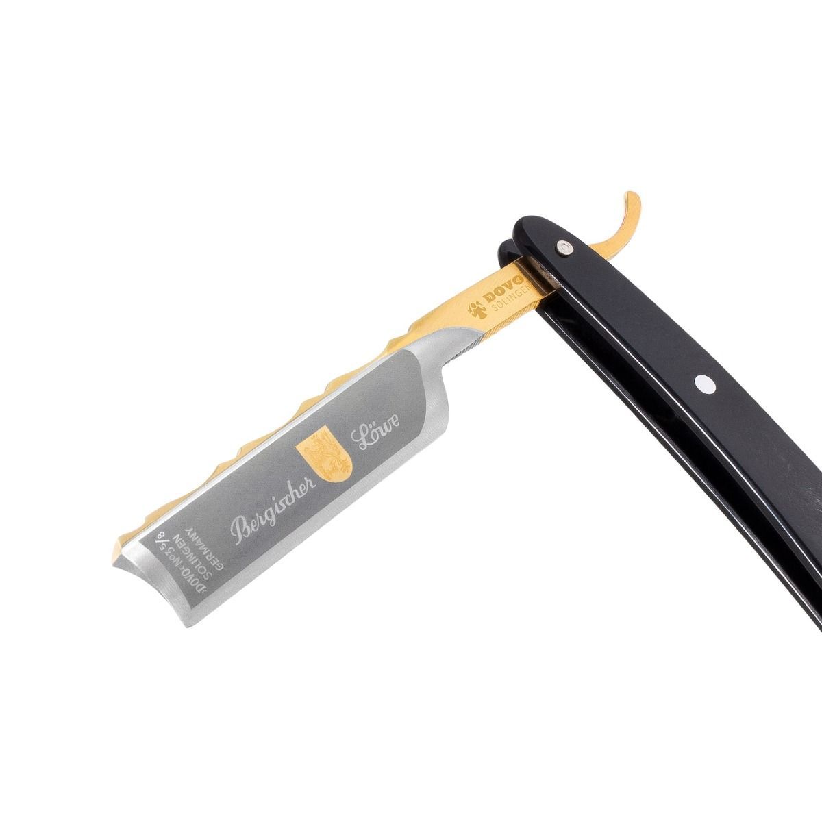 Rasoir avec manche noir, lame dorée gravée « Bergischer Löwe ». Marque DOVO.