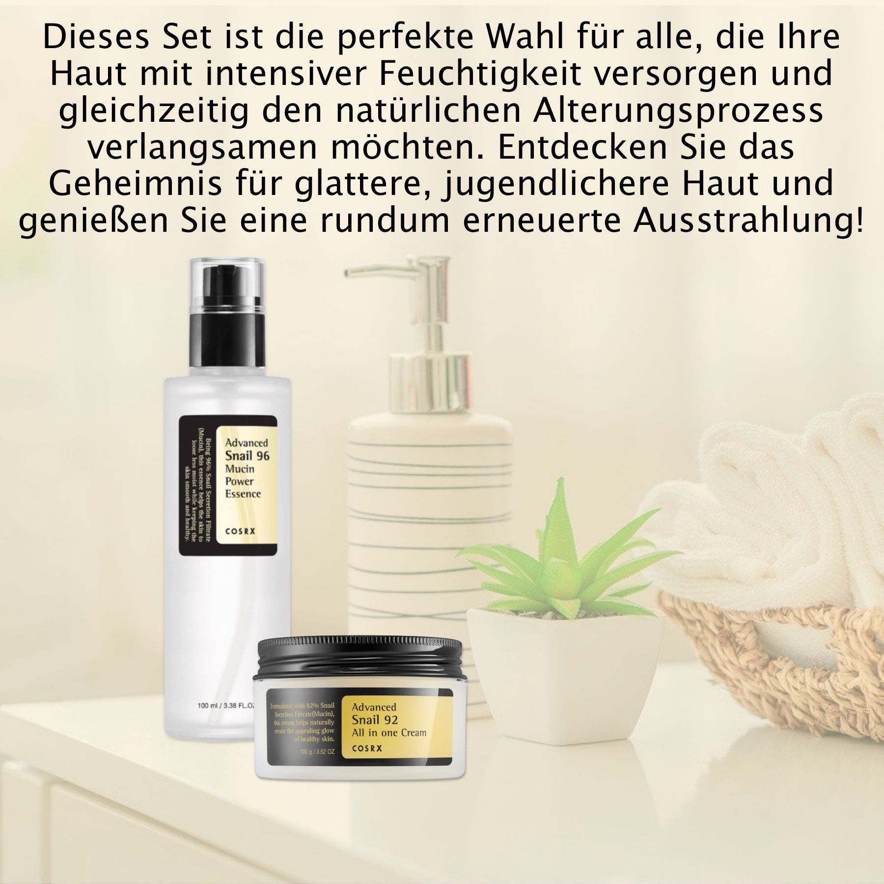 COSRX Advanced Snail 96 Mucin Power Essence en Advanced Snail 92 All In One Cream. Op een dressoir met handdoeken en een plant. Wit en geel verpakt.