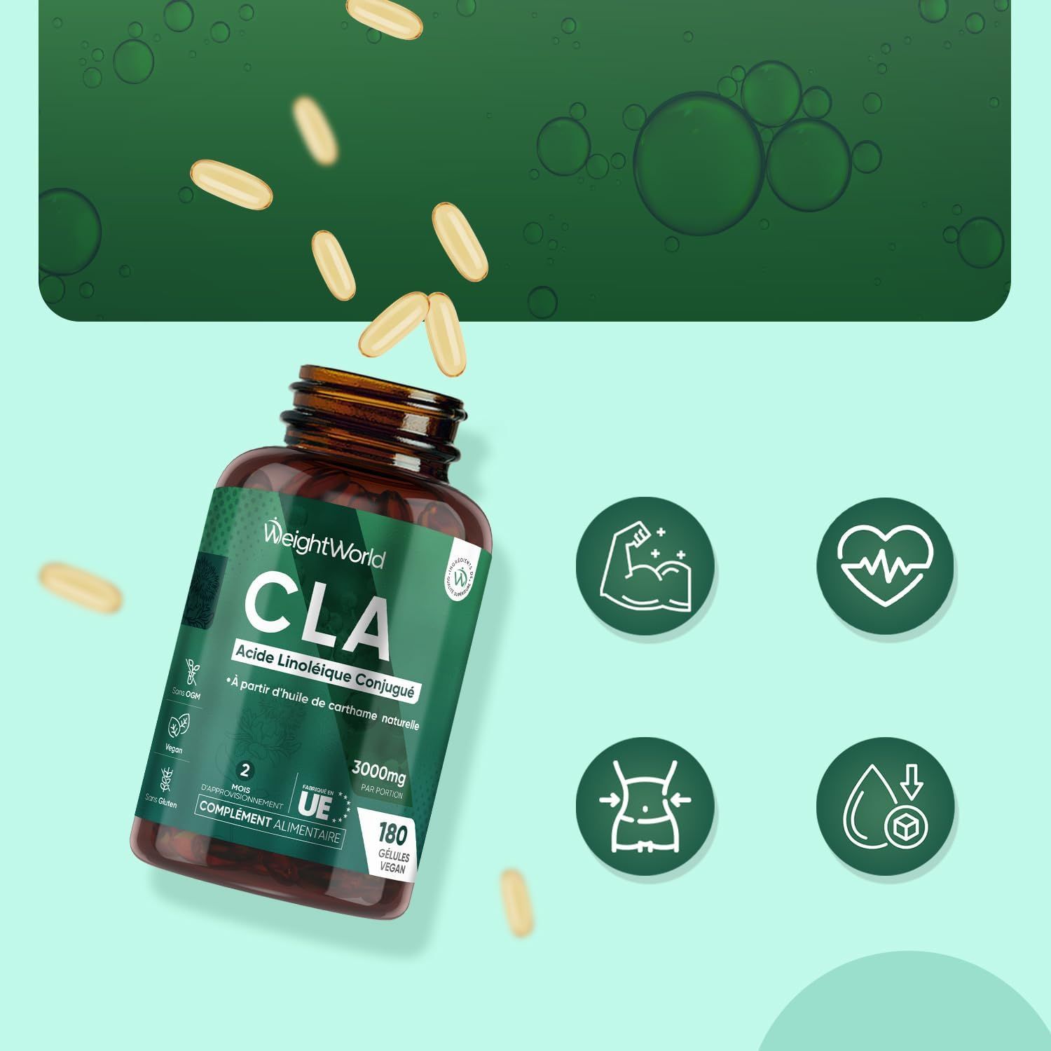 Gélules CLA WeightWorld avec huile de carthame et carthame.