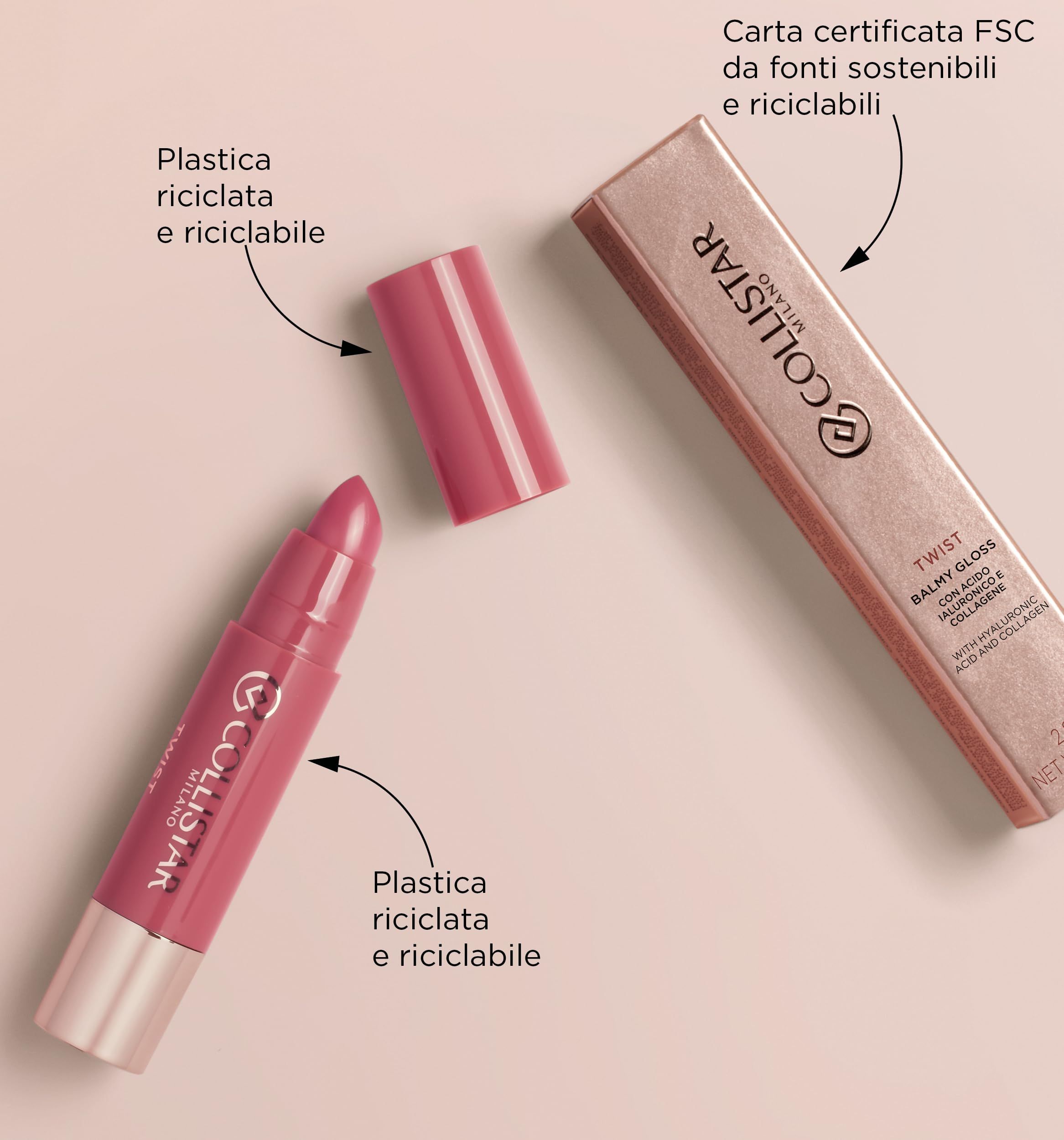 Lipstick en verpakking. Roze huls met zilverkleurige bodem. Opschrift: Collistar Milano Twist. FSC-certificering.