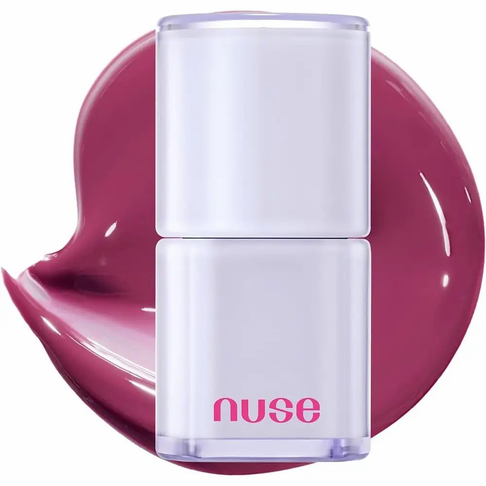Lipglosscontainer met roze woord 'nuse' op een klodder lipgloss.