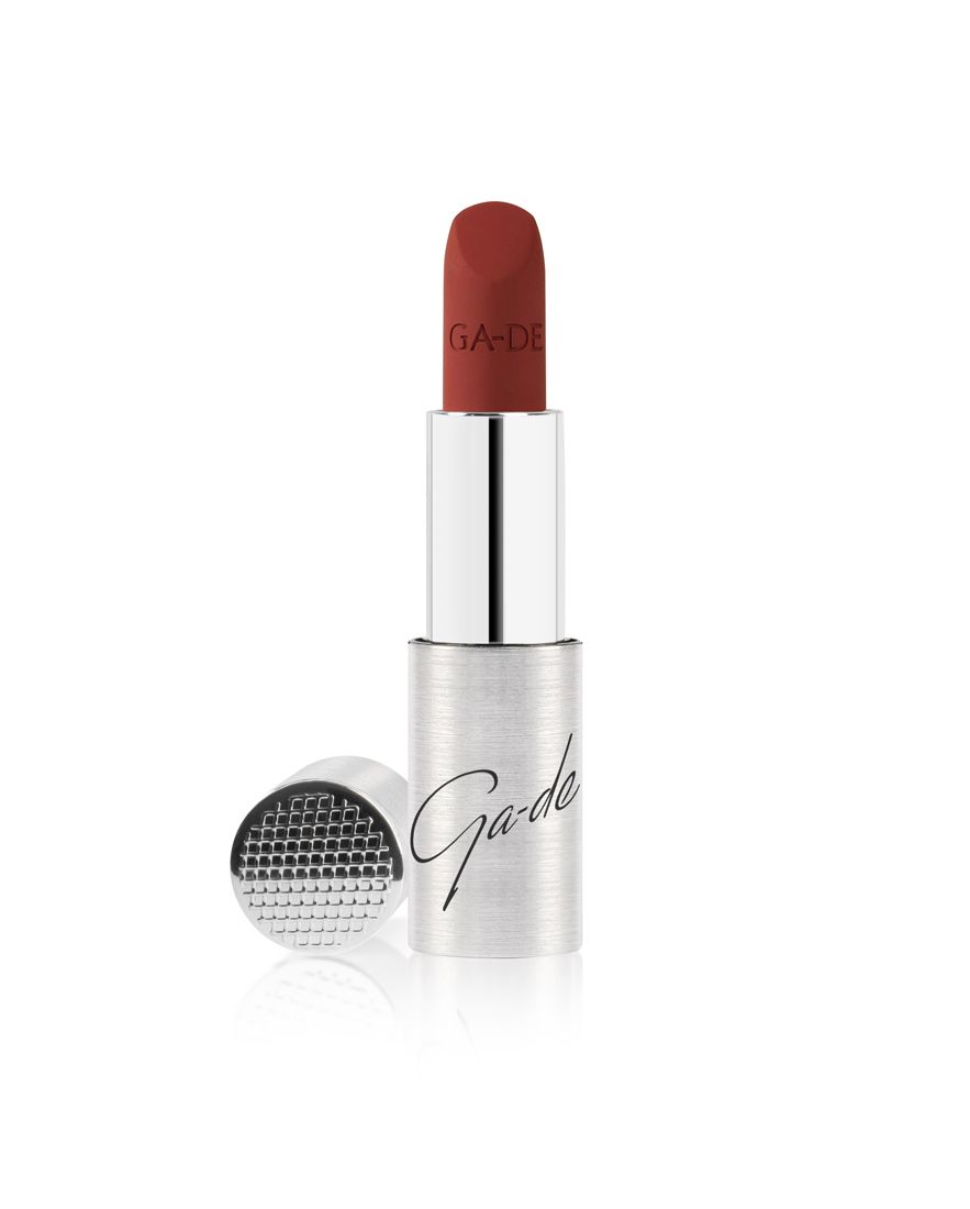 Ga-De Selfie Soft Matte Lipstick in zilveren huls met open dop.