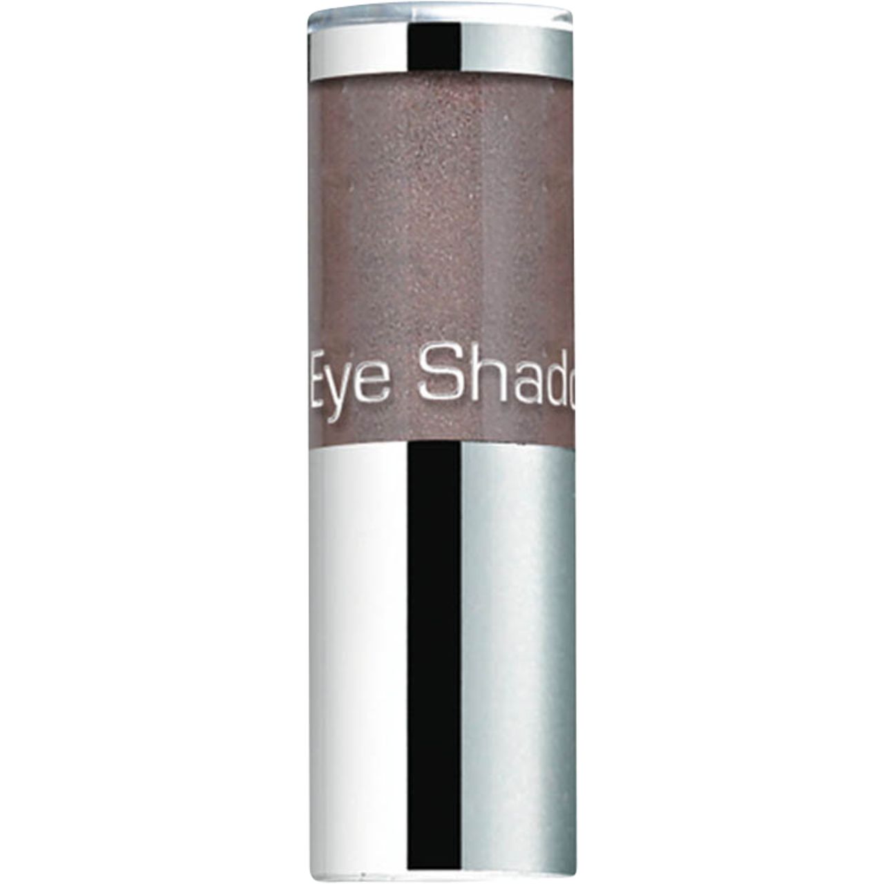 Cilindrische houder met zilverkleurige bodem en deksel. Het bovenste deel is bruin en draagt de tekst "Eye Shadow".