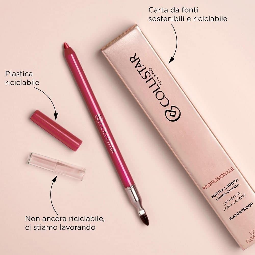 Crayon à lèvres rose, emballage et capuchon. Marque Collistar. Texte: Matita Labbra Professionale.