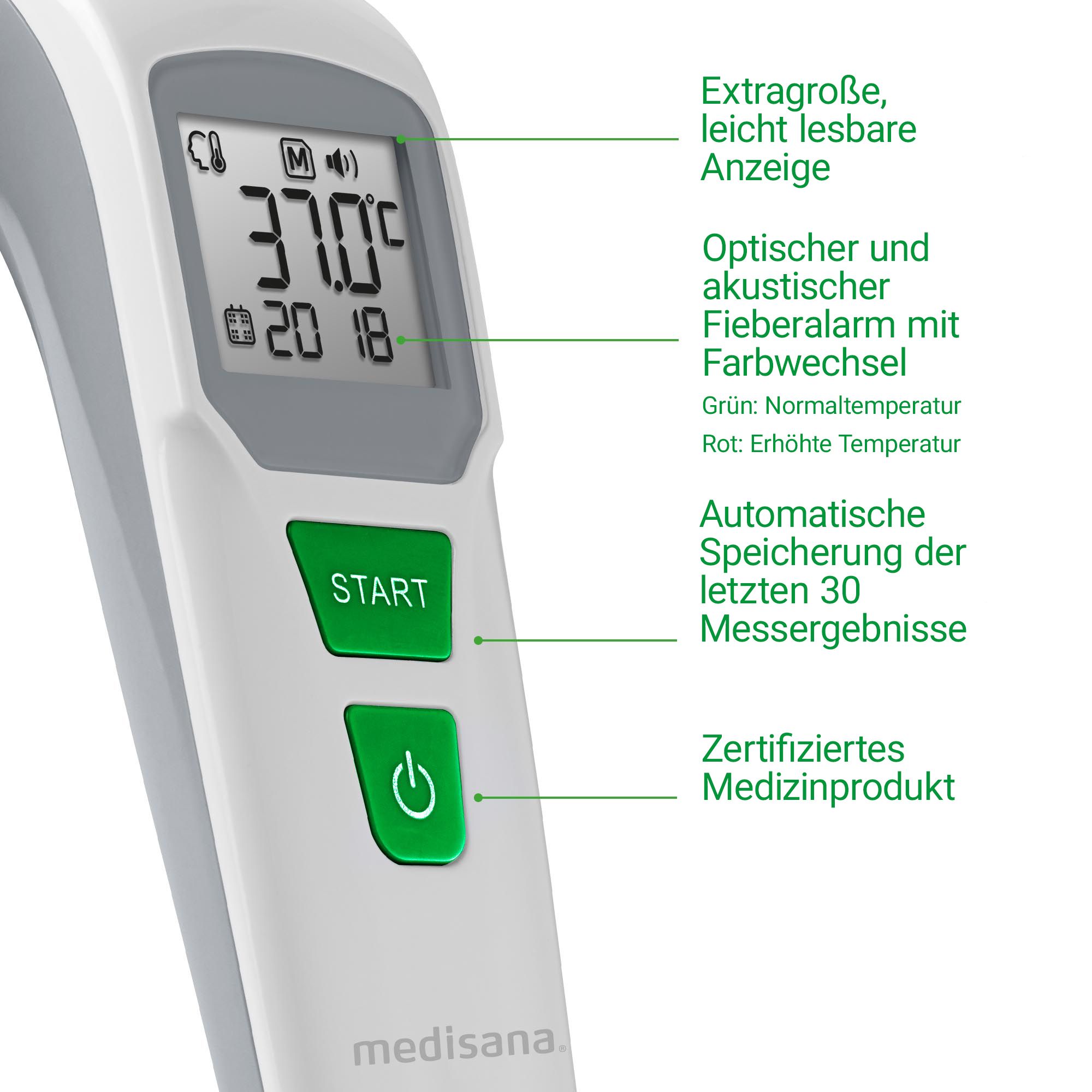 Gros plan d'un thermomètre avec affichage 37.0°C et annotations.