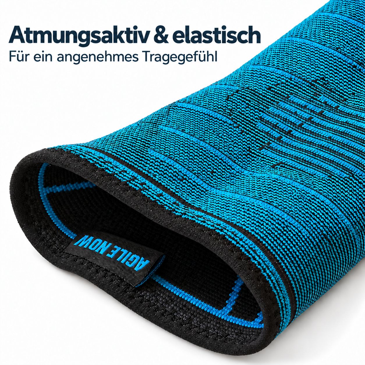 Gedetailleerd zicht op het binnenmateriaal van een zwarte enkelbrace met blauwe strepen.