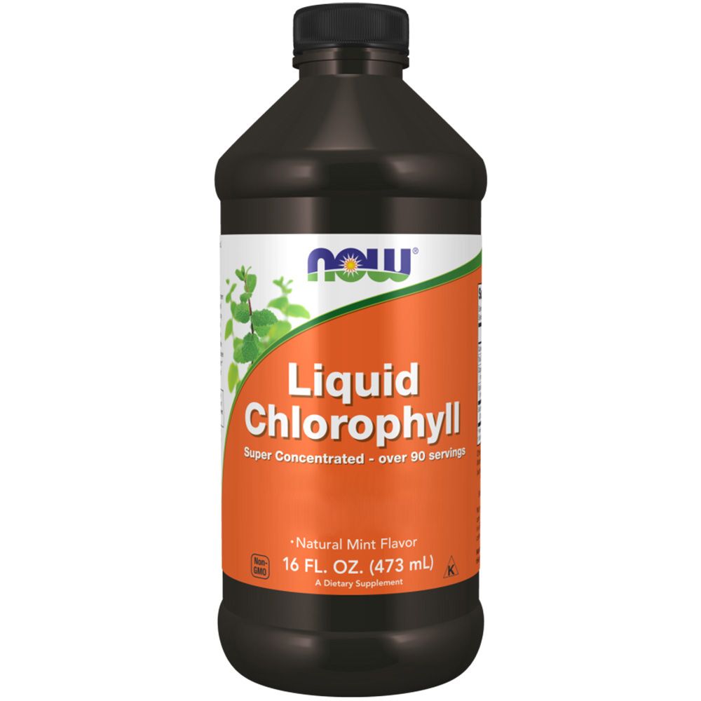 Bouteille marron avec bouchon noir. Étiquette avec "Liquid Chlorophyll" et logo "NOW". Bande orange avec feuilles vertes. 473 ml.