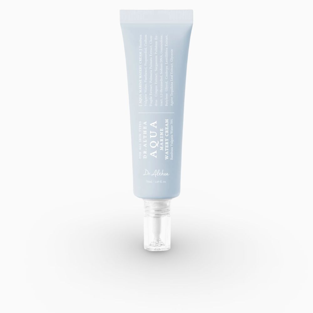 Tube bleu clair avec bouchon distributeur transparent, Dr. Althea Aqua Marine Watery Cream.