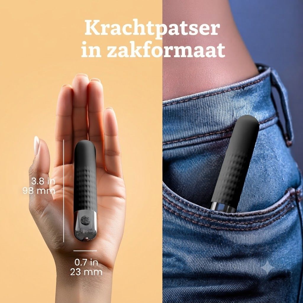 Zwarte, zakformaat vibrator, 98 mm lang, 23 mm breed. Met geribbeld handvat en zilveren ring.