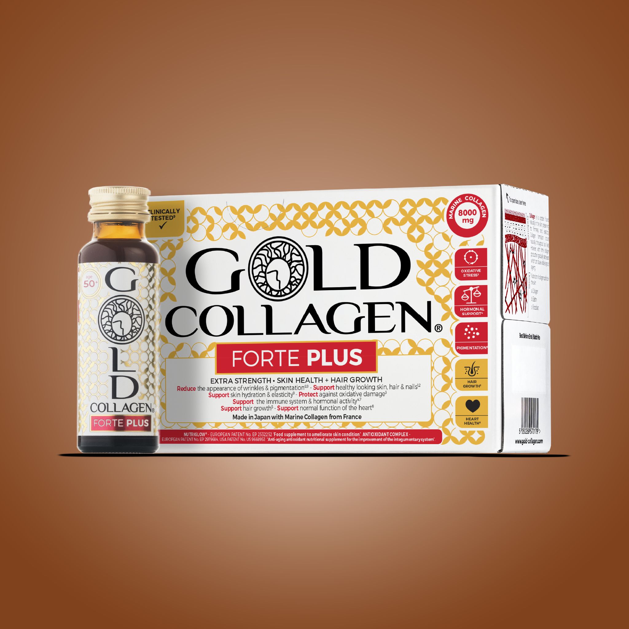 Flacon et emballage Gold Collagen Forte Plus sur fond brun. Contient 8000 mg de collagène.