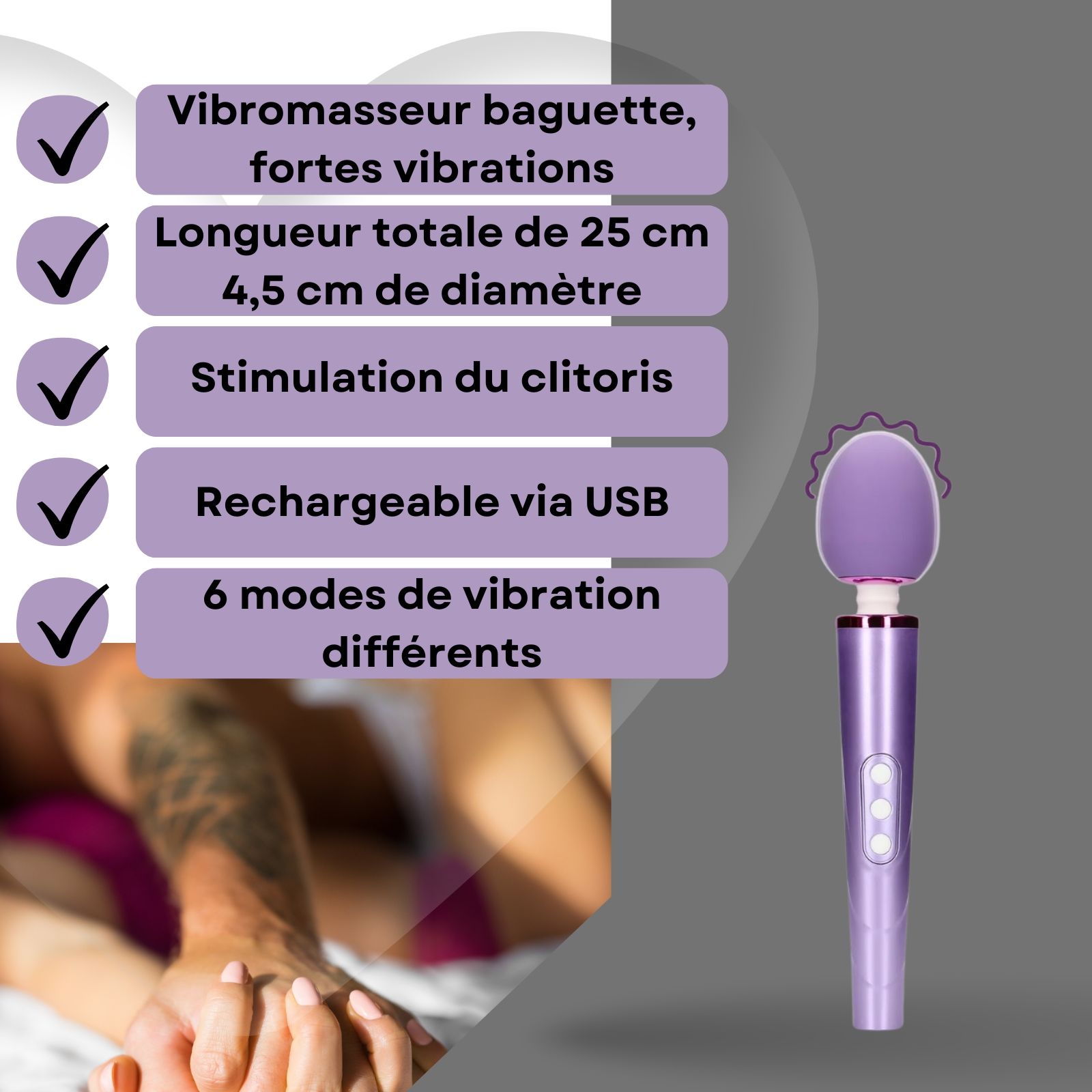 Vibromasseur baguette, violet. Texte: 6 modes, USB, 25cm long, 4,5cm diamètre. Couple en arrière-plan.