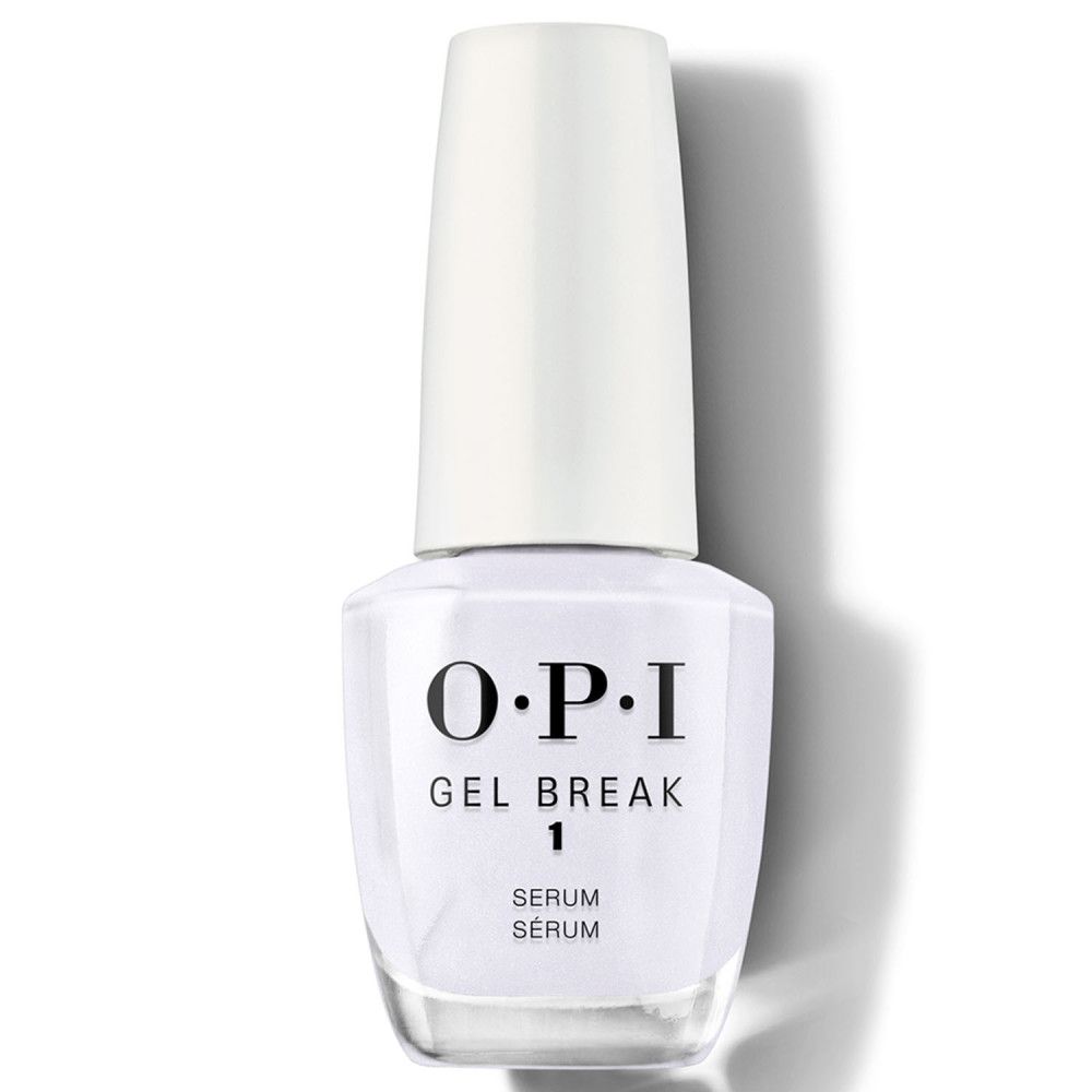 Sérum pour ongles en flacon. Bouchon blanc, contenu rose. Inscription: OPI Gel Break 1 Serum.