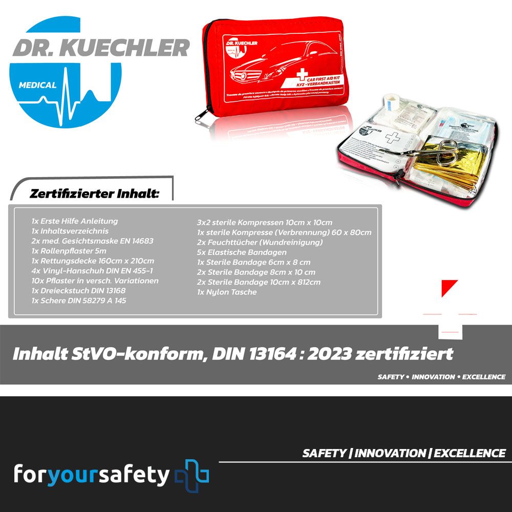 Rode EHBO-tas, open, met medische inhoud. Bevat steriele kompressen, verbanden en instructies. DIN 13164:2023 gecertificeerd.